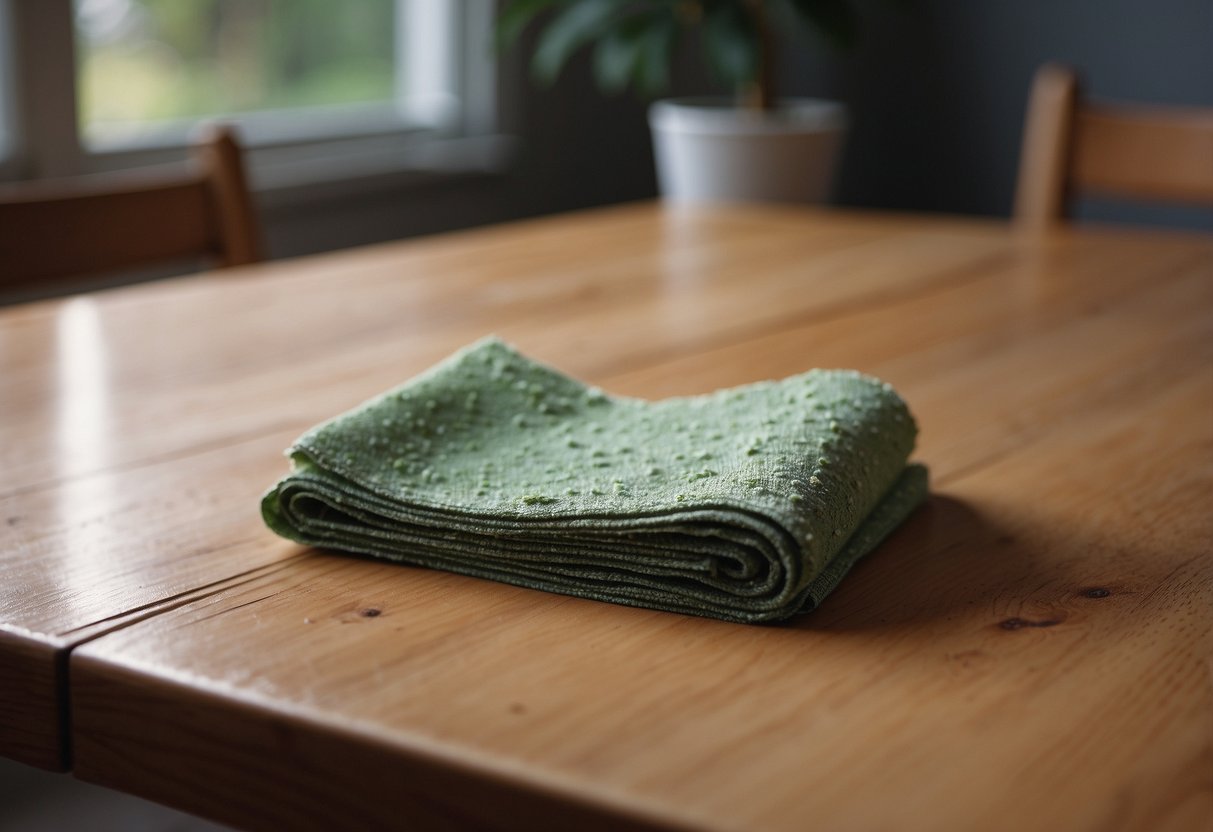 A damp cloth wipes down a pine table, removing dust and dirt