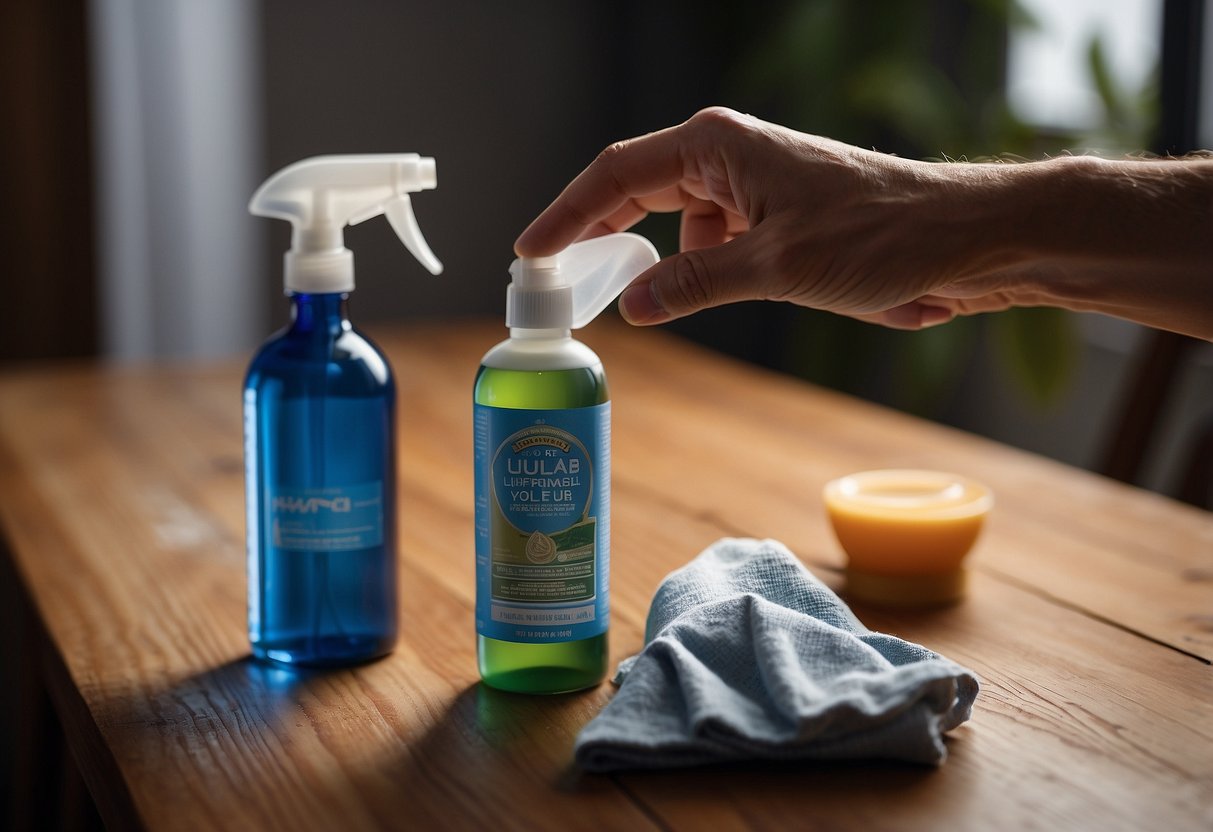 A hand reaches for a cloth, wiping off silicone lube from a wooden table and chair. A bottle of cleaner sits nearby