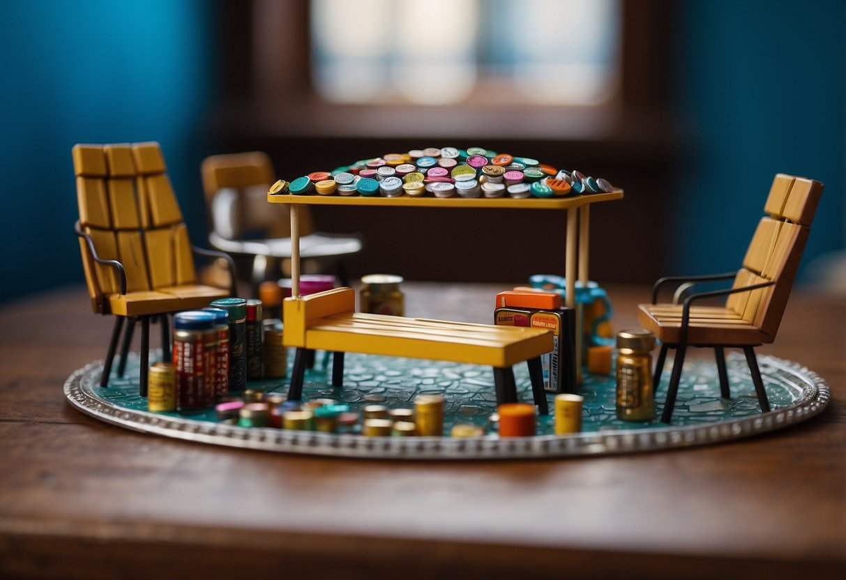 A table made from a matchbox, a bed from a jewelry box, and chairs from bottle caps. Glue, paint, and creativity bring them to life