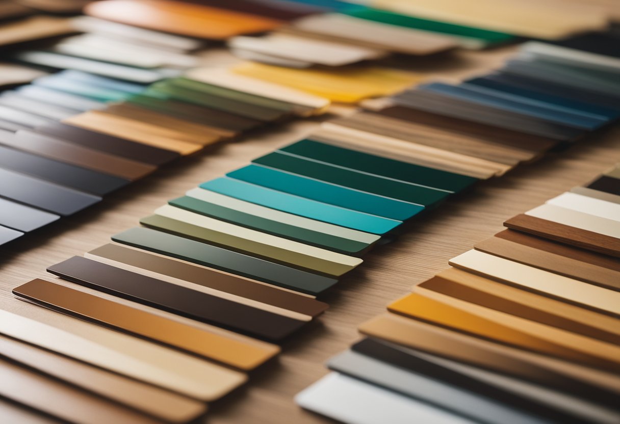 A wood furniture colors chart displayed on a clean, well-lit table. Various wood samples are arranged neatly, showcasing different shades and finishes