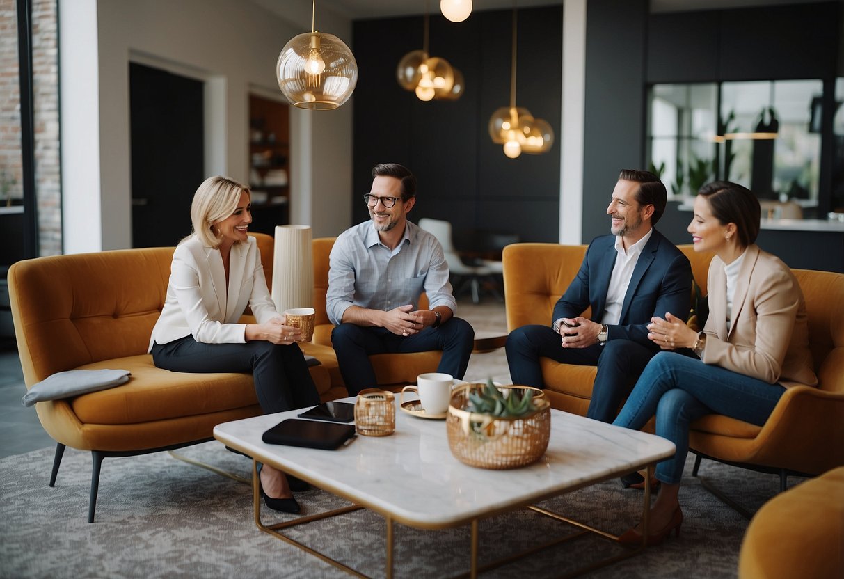 A team of professionals discussing and brainstorming ideas while surrounded by modern and stylish furniture from houzz