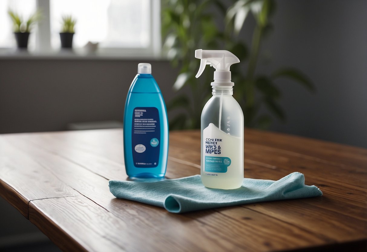 A cloth wipes away residue from a wooden table, removing silicone lube. A spray bottle and cleaning solution sit nearby