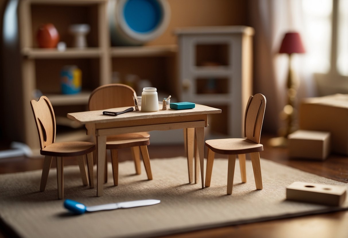 A table with scissors, glue, and household items like cardboard, fabric, and popsicle sticks. A dollhouse in the background with empty rooms waiting to be furnished