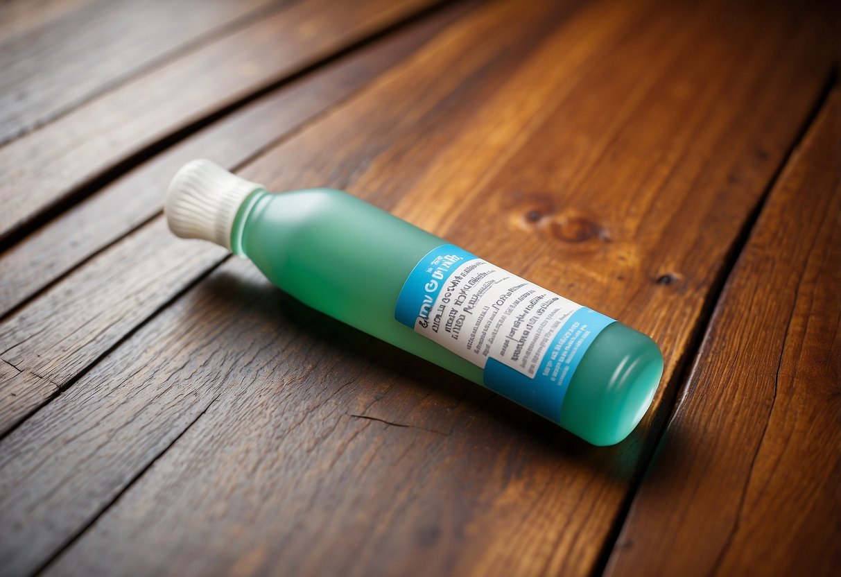 A spill of silicone lube on a wooden table, with a bottle and a cloth nearby