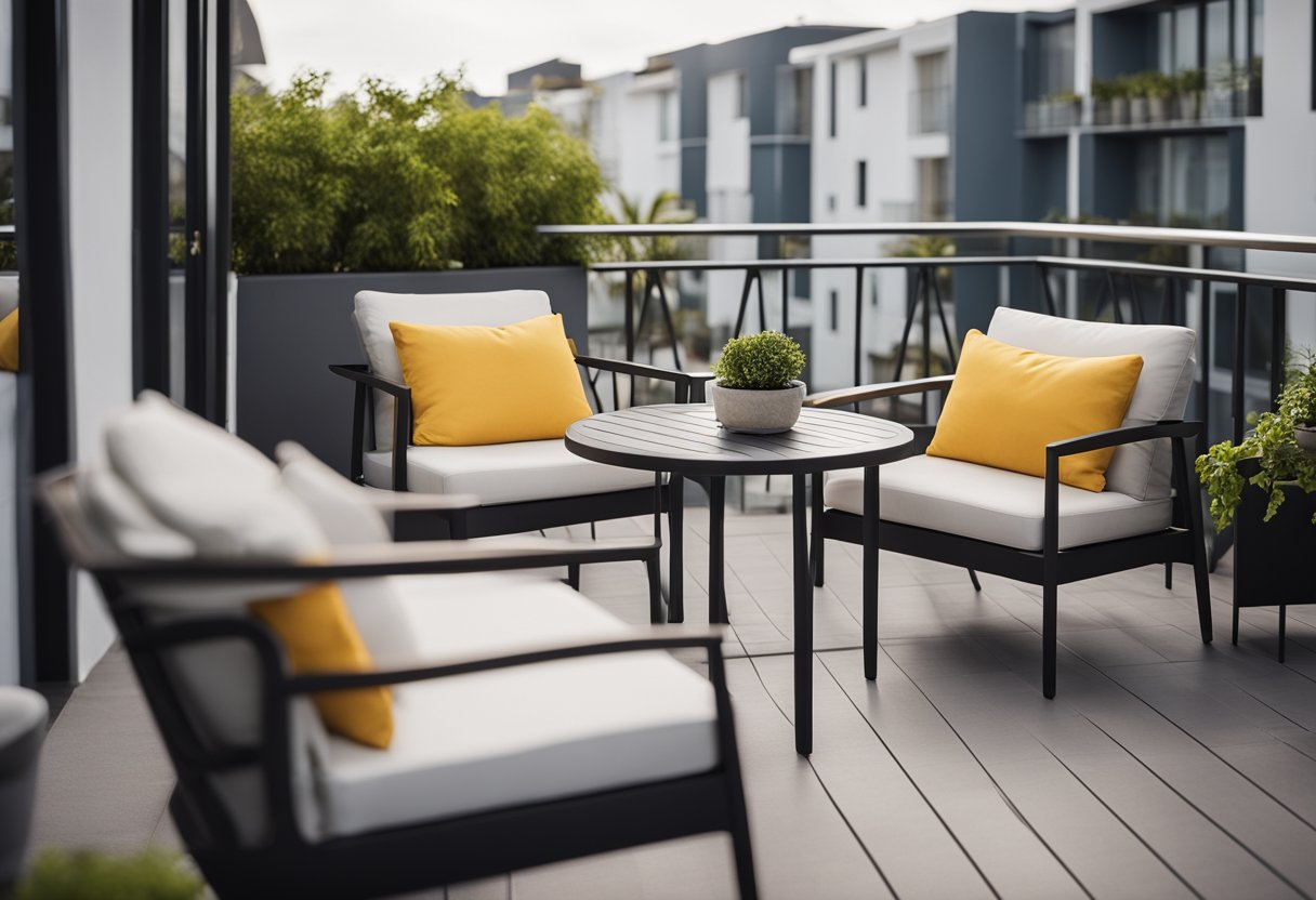 A sleek, modern balcony set with a low table and comfortable chairs, adorned with vibrant cushions and a small potted plant