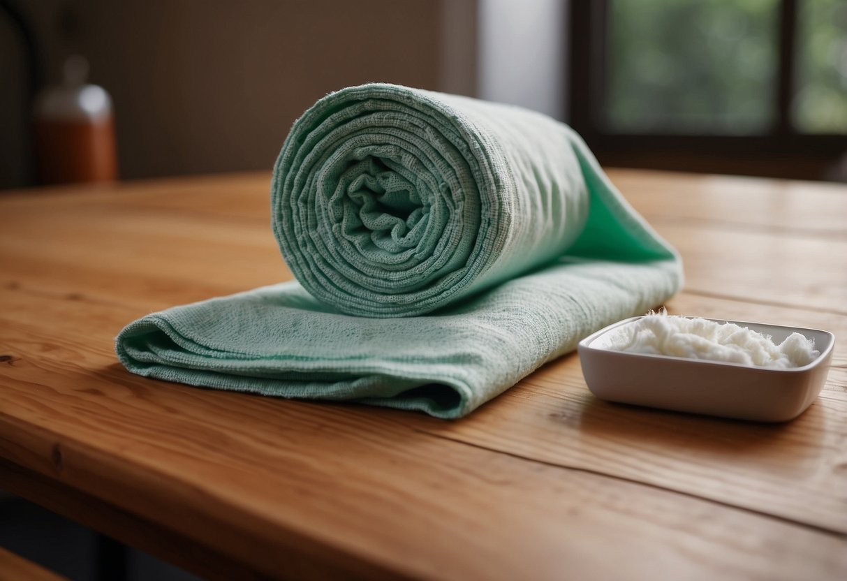 A soft cloth wipes the surface of a pine table, removing dust and dirt. A small bowl of wood cleaner sits nearby, ready to be used