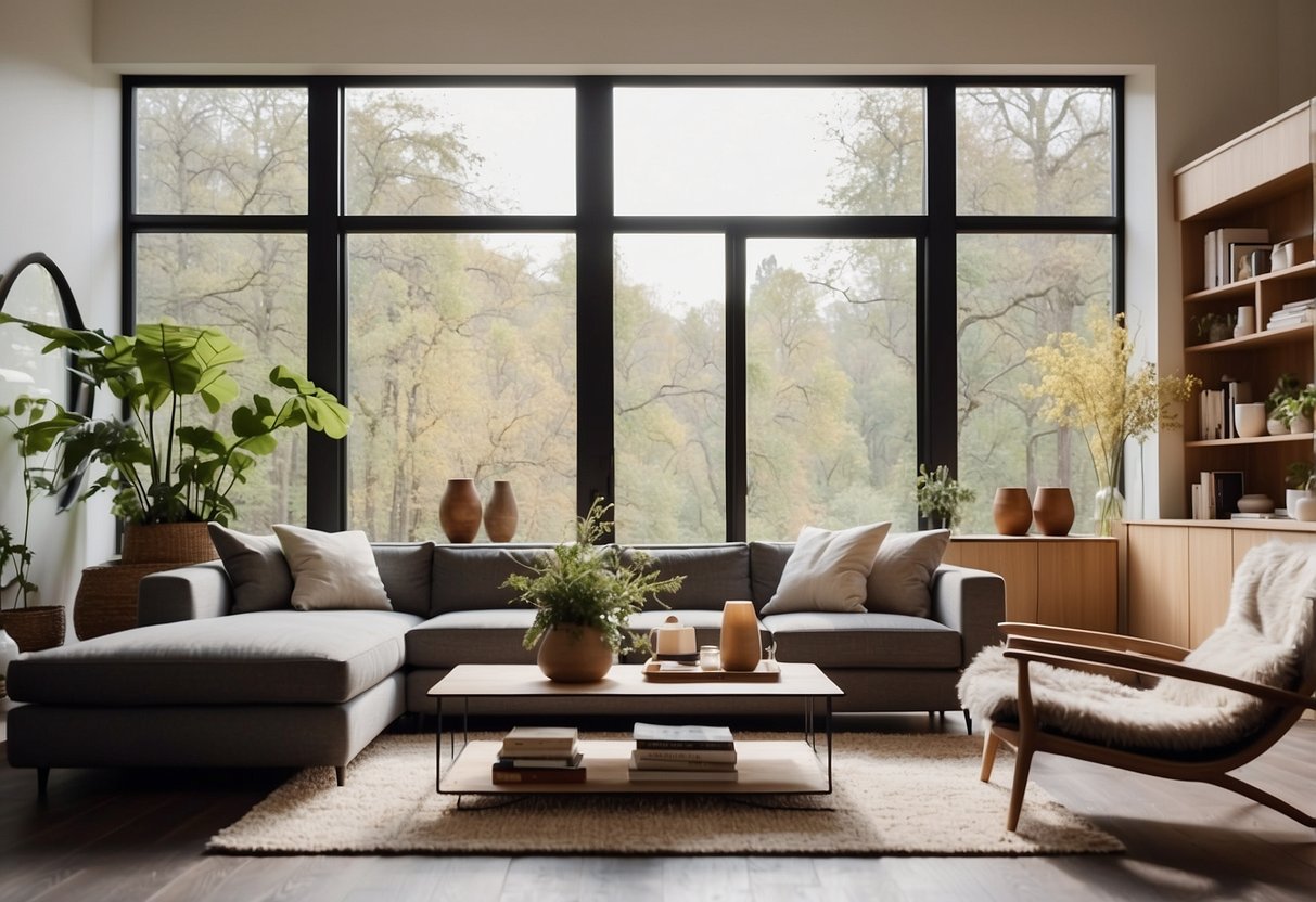 A cozy living room with modern furniture, a large sofa, a coffee table, and a bookshelf. Bright natural light streams in from the large windows, creating a warm and inviting atmosphere