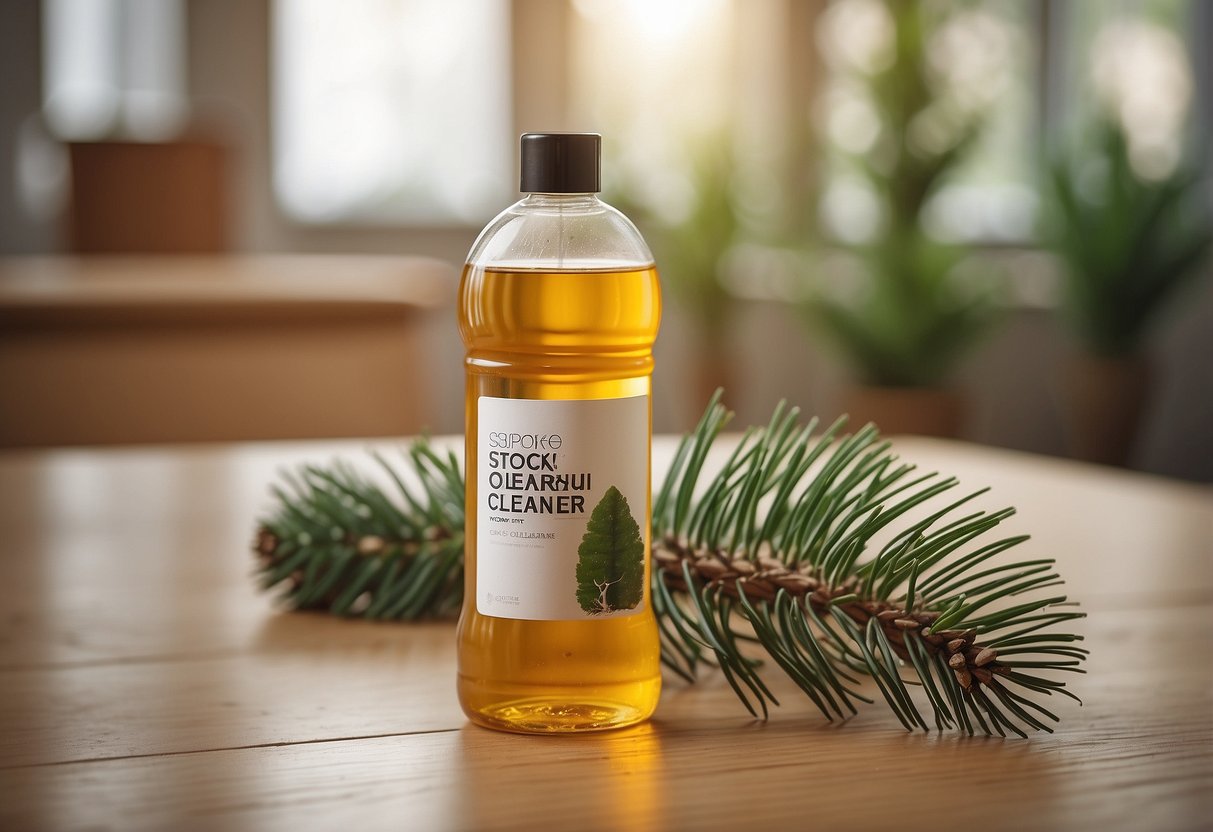 A bottle of wood cleaner, a soft cloth, and a piece of pine furniture on a clean, well-lit surface
