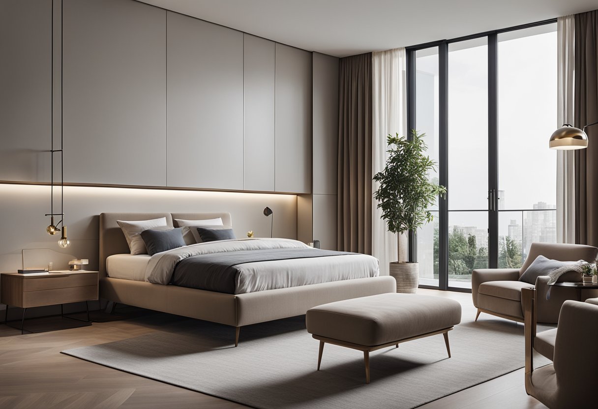 A sleek, minimalist bedroom with an Italian modern furniture set. Clean lines, neutral colors, and high-quality materials create a sophisticated and elegant atmosphere