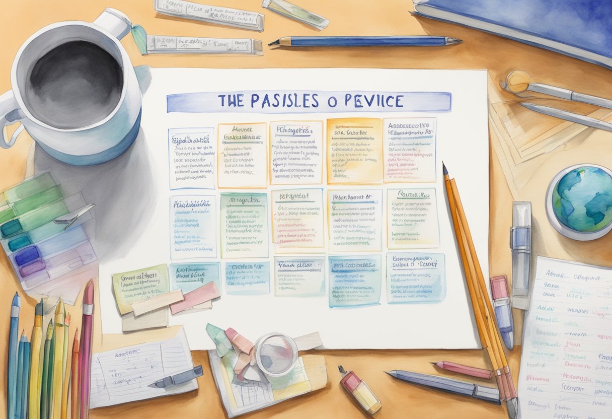 The rules of passive voice are displayed on a whiteboard, surrounded by various writing utensils and papers