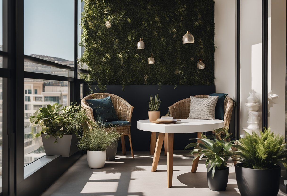 A balcony with modern, stylish furniture, including a sleek table and chairs, potted plants, and decorative lighting