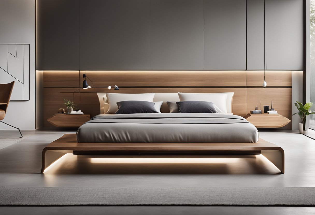 A sleek, minimalist bed with clean lines and a low profile sits in the center of the room. The furniture features a mix of natural wood tones and glossy finishes, with geometric shapes and asymmetrical designs adding visual interest