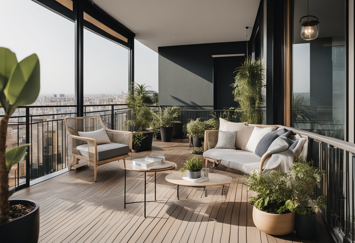 A modern, stylish balcony with comfortable and trendy furniture, including a cozy chair, a small table, and some potted plants