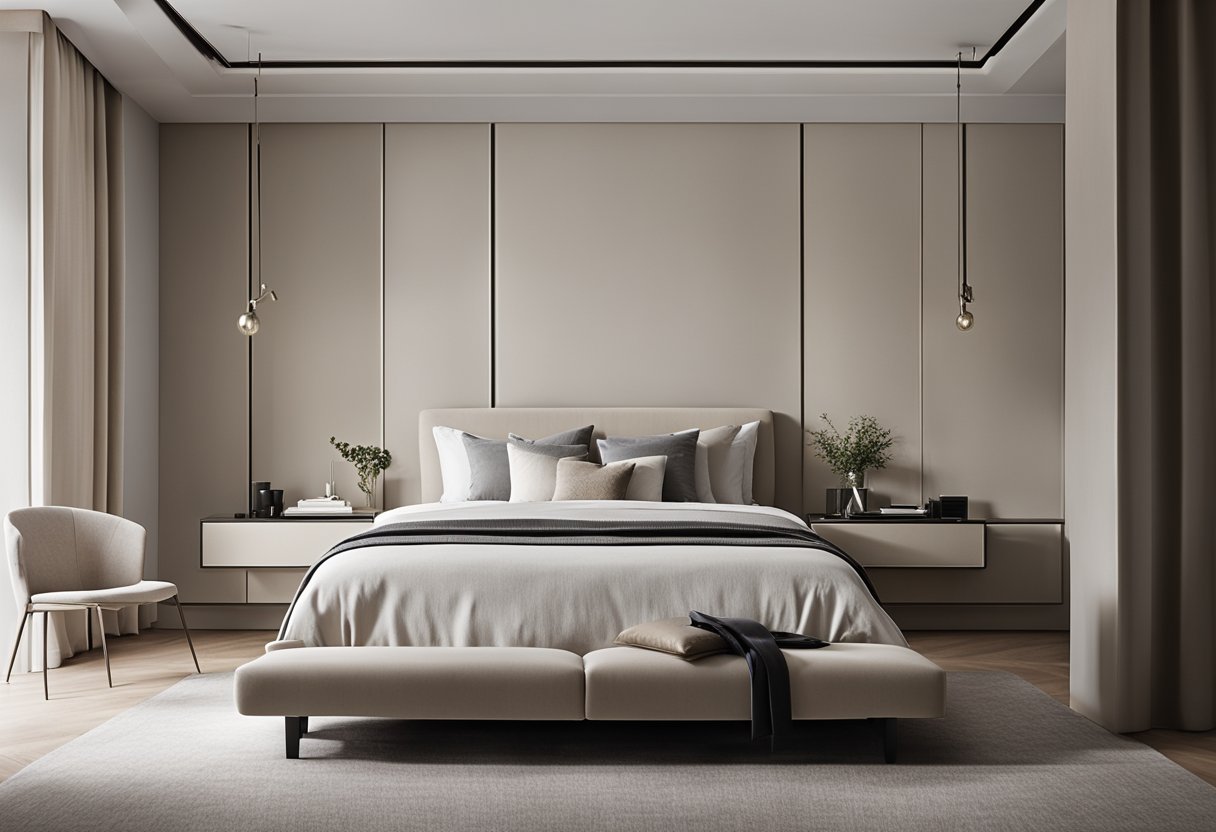 A sleek, minimalist bedroom with Italian modern furniture. Clean lines, neutral colors, and luxurious textiles create a serene and sophisticated sanctuary
