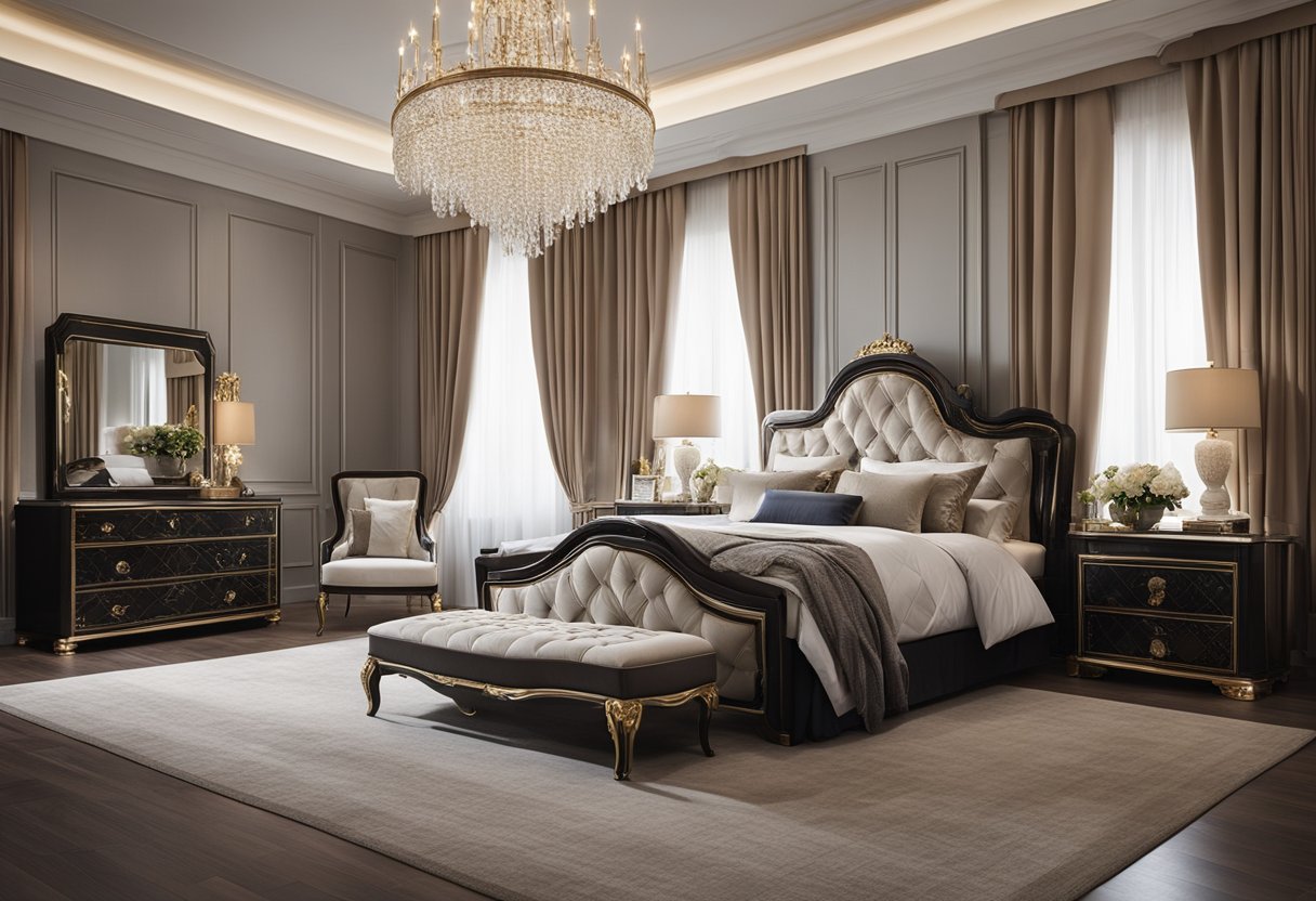A grand bedroom with regal King Furniture beds, adorned with luxurious fabrics and elegant details