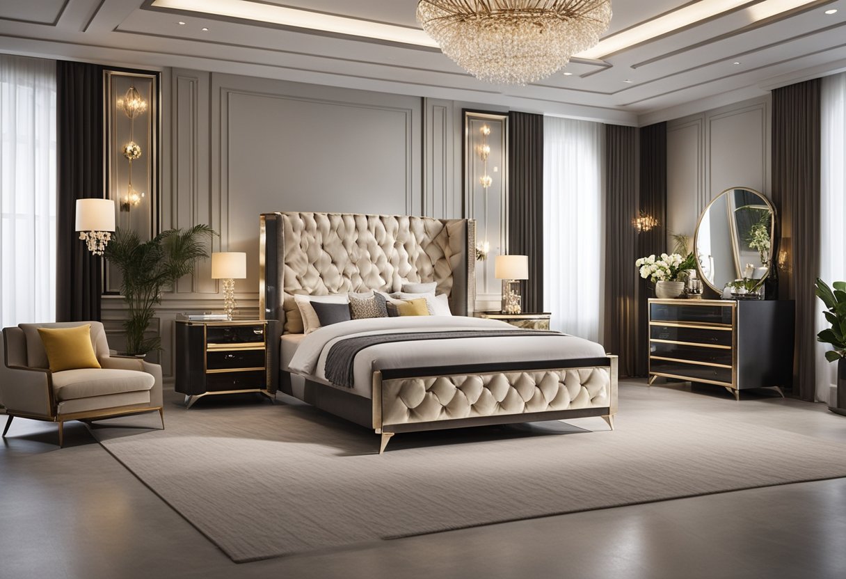 A variety of luxurious and modern bed designs are displayed in a spacious showroom, with soft lighting and elegant decor