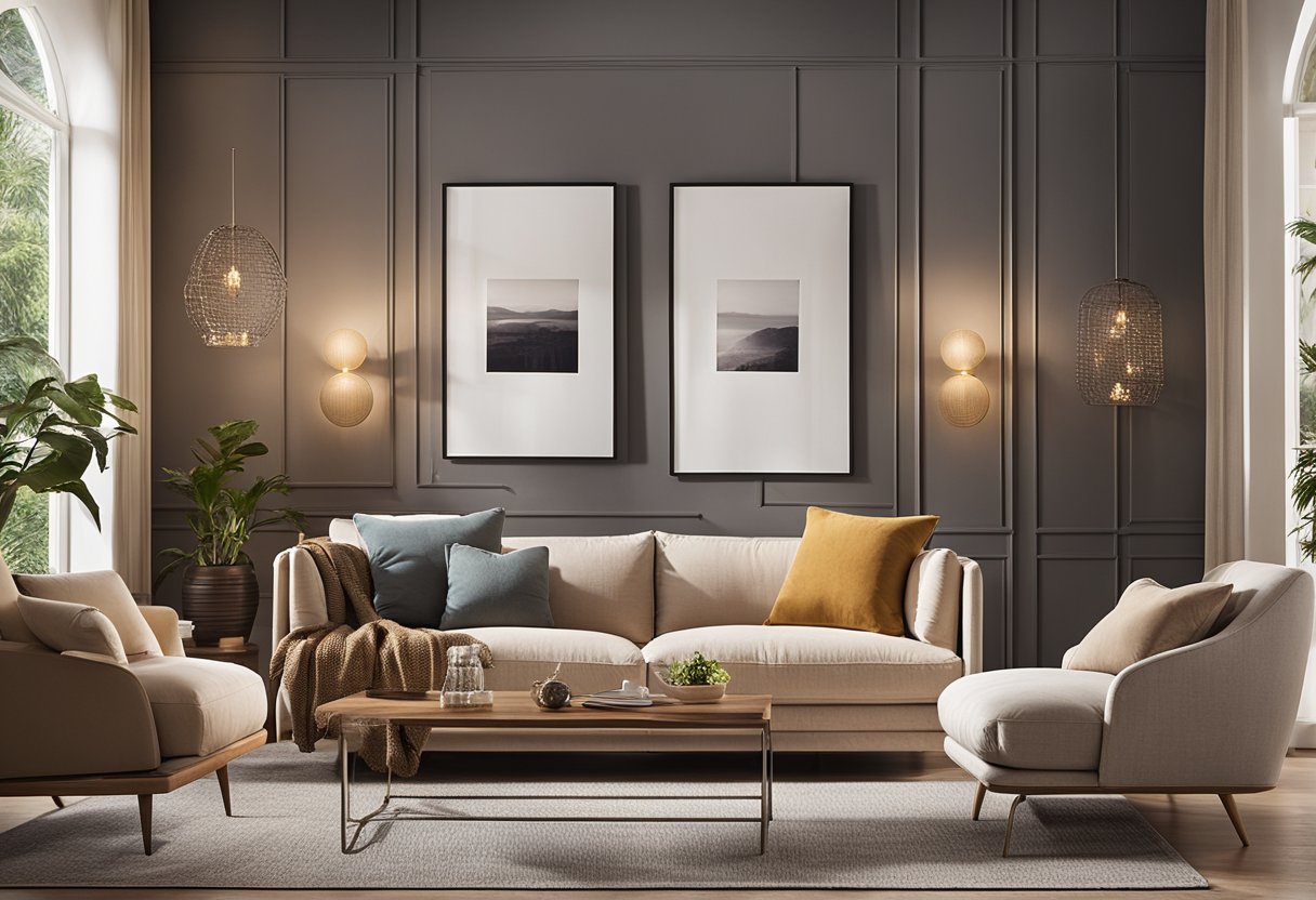 A cozy living room with a large, comfortable sofa and armchair, adorned with elegant, modern furniture from Michael's. Soft lighting and a warm color scheme create a welcoming atmosphere