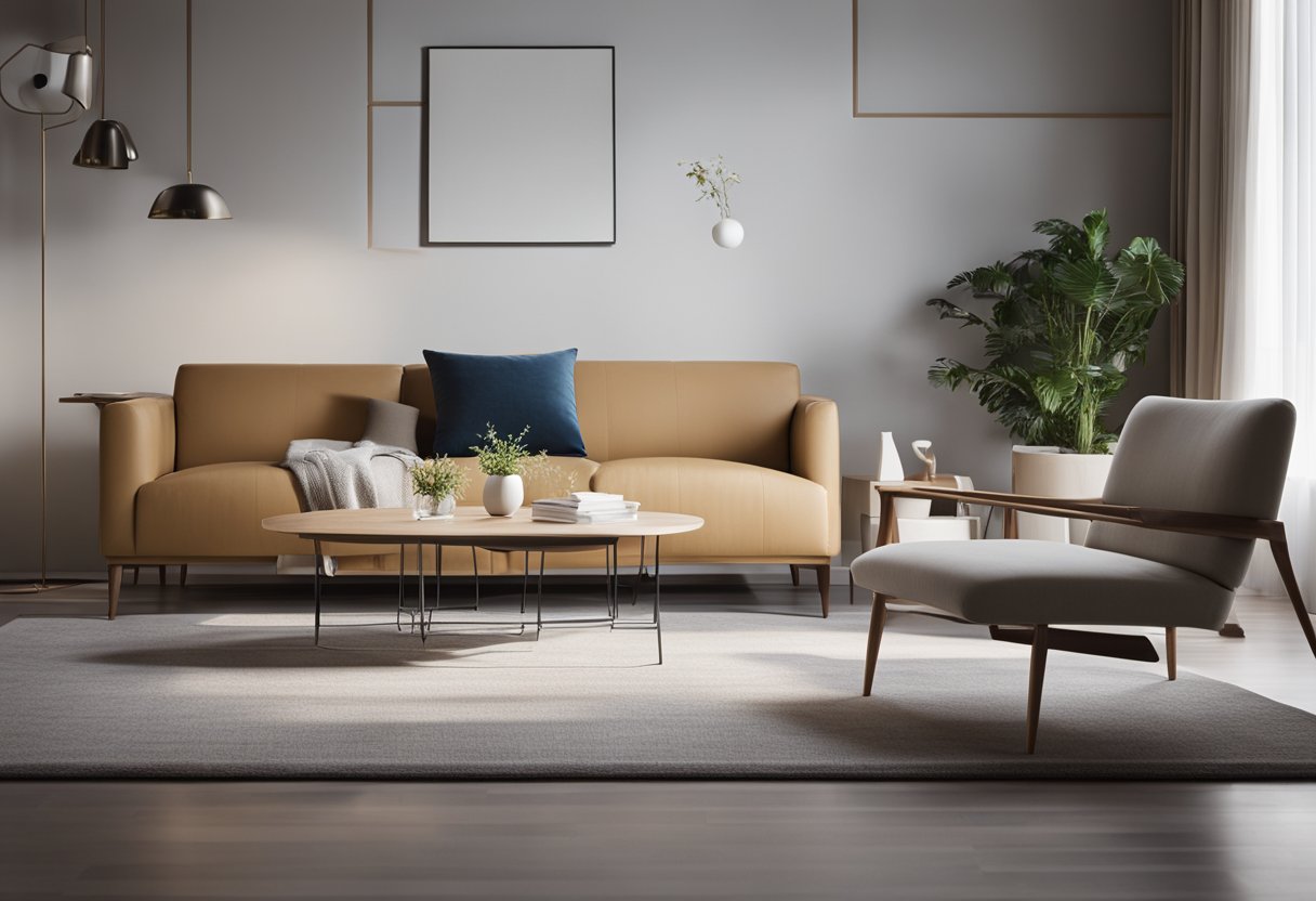 A modern living room with Meicha furniture, featuring sleek lines and a minimalist design. The furniture includes a comfortable sofa, a stylish coffee table, and a contemporary armchair