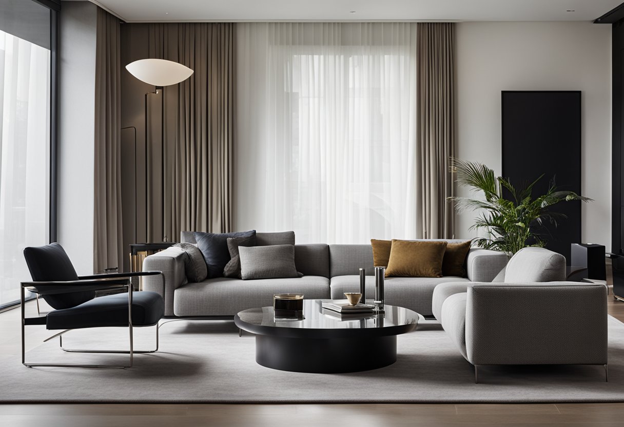 A modern living room with sleek Minotti furniture, including a low-profile sofa, a marble coffee table, and a minimalist armchair