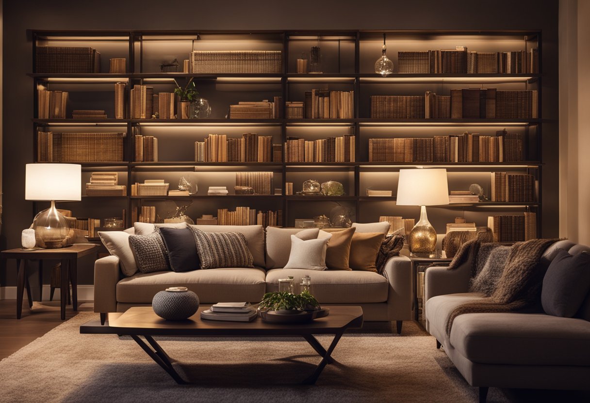 A cozy living room with a large, plush sofa, a coffee table, and a soft rug. Shelves filled with books and decorative items line the walls, and a warm glow emanates from the overhead lighting