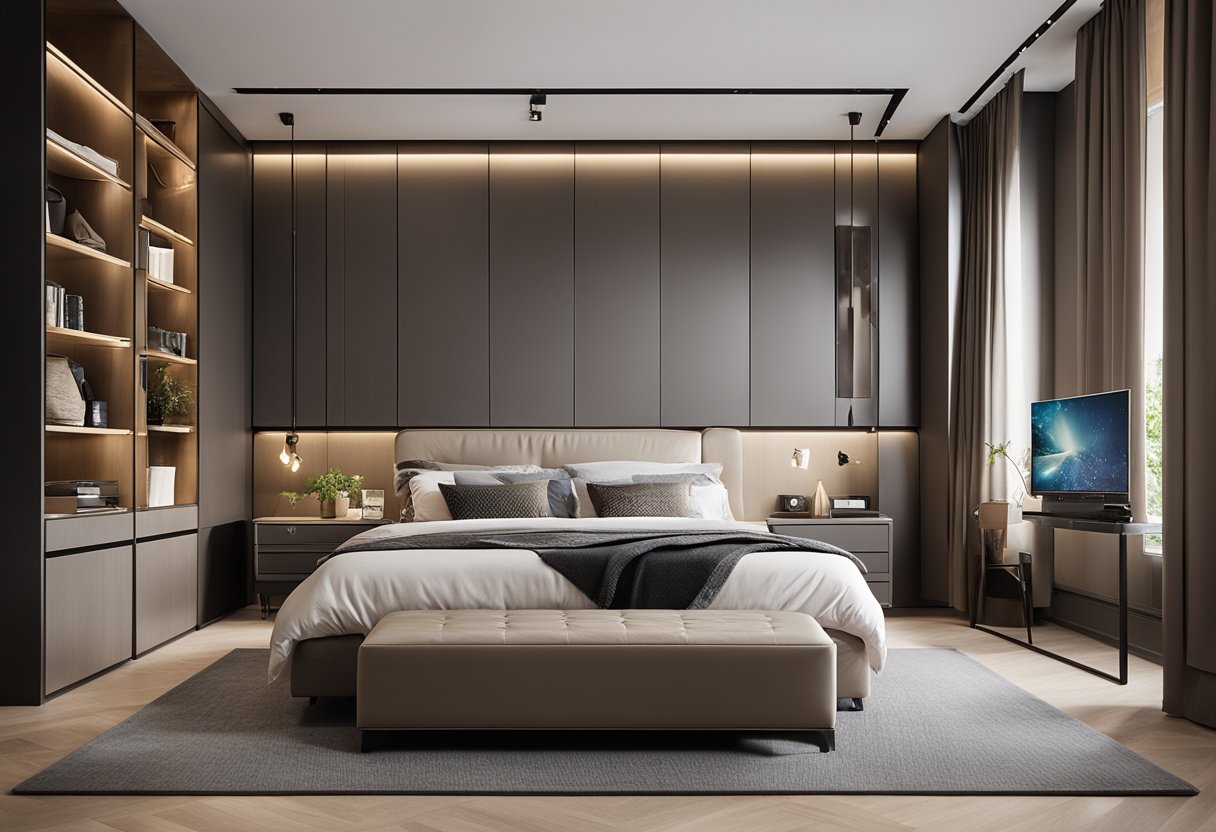 A bedroom with a king furniture bed and clever storage solutions maximizing space