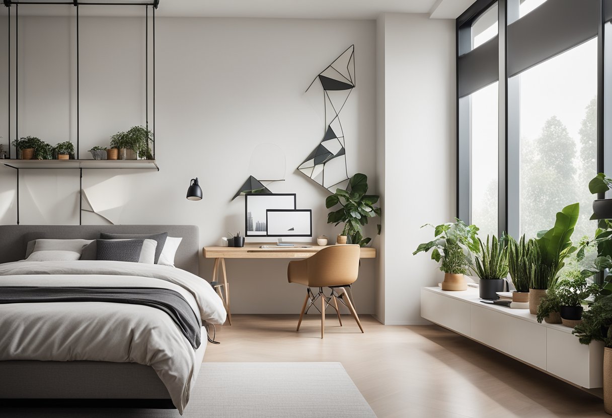 A sleek, minimalist bedroom with a platform bed, geometric wall art, and a floating desk with a modern chair. The room is bathed in natural light from large windows, and there are potted plants adding a touch of greenery
