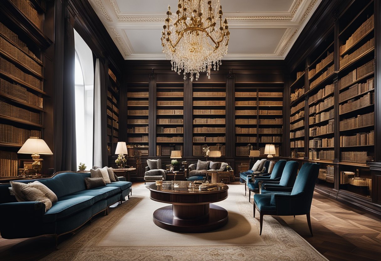A grand library with classical furniture and philosophical texts lining the shelves, showcasing the rich history and philosophy of Minotti furniture