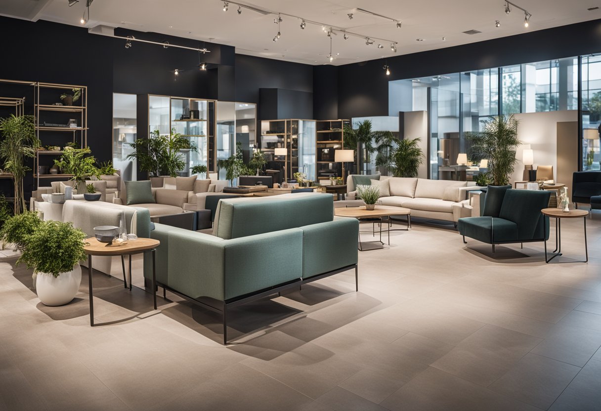 A welcoming showroom with modern furniture displays and friendly staff. Bright lighting and clean, spacious layout. Quality and variety evident