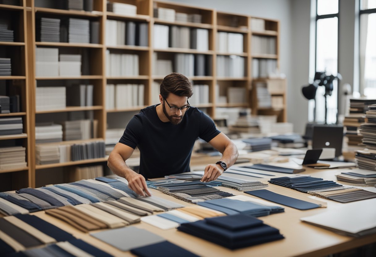 A designer arranges fabric swatches, sketches, and furniture samples on a large worktable, surrounded by shelves of reference books and material samples