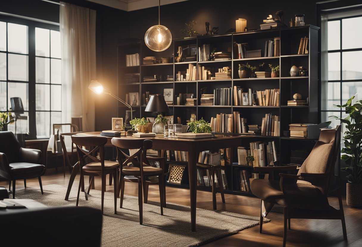 A cluttered room with a table, chairs, and bookshelves. A lamp illuminates the space