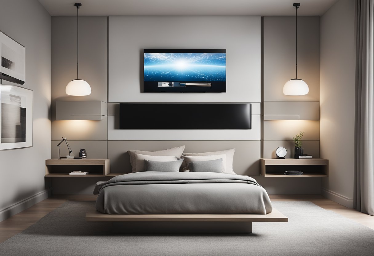 A sleek, minimalist bedroom with a platform bed, floating nightstands, and a wall-mounted TV. The room features clean lines, neutral colors, and modern lighting fixtures