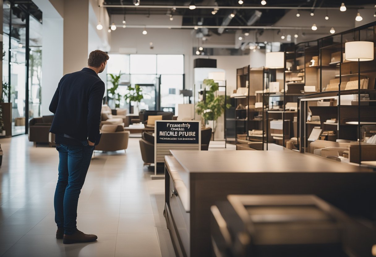A customer browsing through a display of furniture with a sign reading "Frequently Asked Questions michaels furniture" in a well-lit showroom