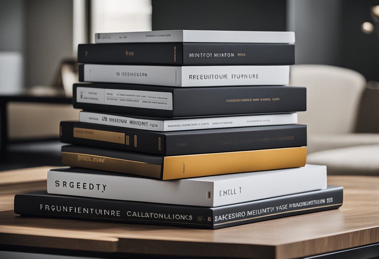 A stack of sleek, modern furniture catalogs with "Frequently Asked Questions minotti furniture wikipedia" printed on the cover