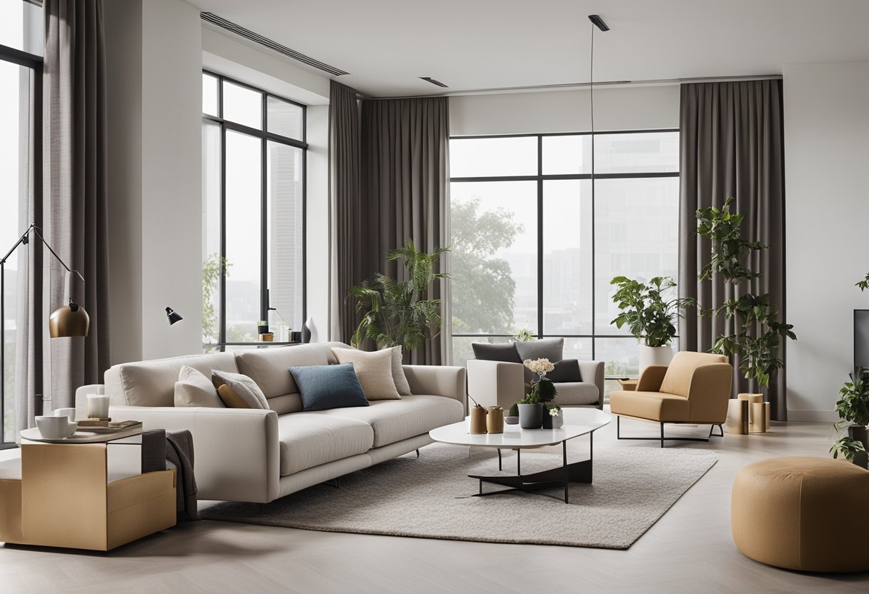 A modern, minimalist living room with Meicha furniture. Clean lines, neutral colors, and sleek designs