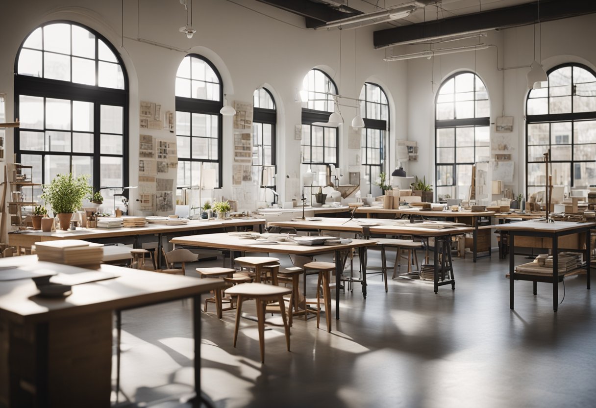 A bright studio filled with drafting tables, shelves of design books, and a wall covered in sketches and blueprints. Models of chairs and tables are scattered around the room, and large windows let in natural light
