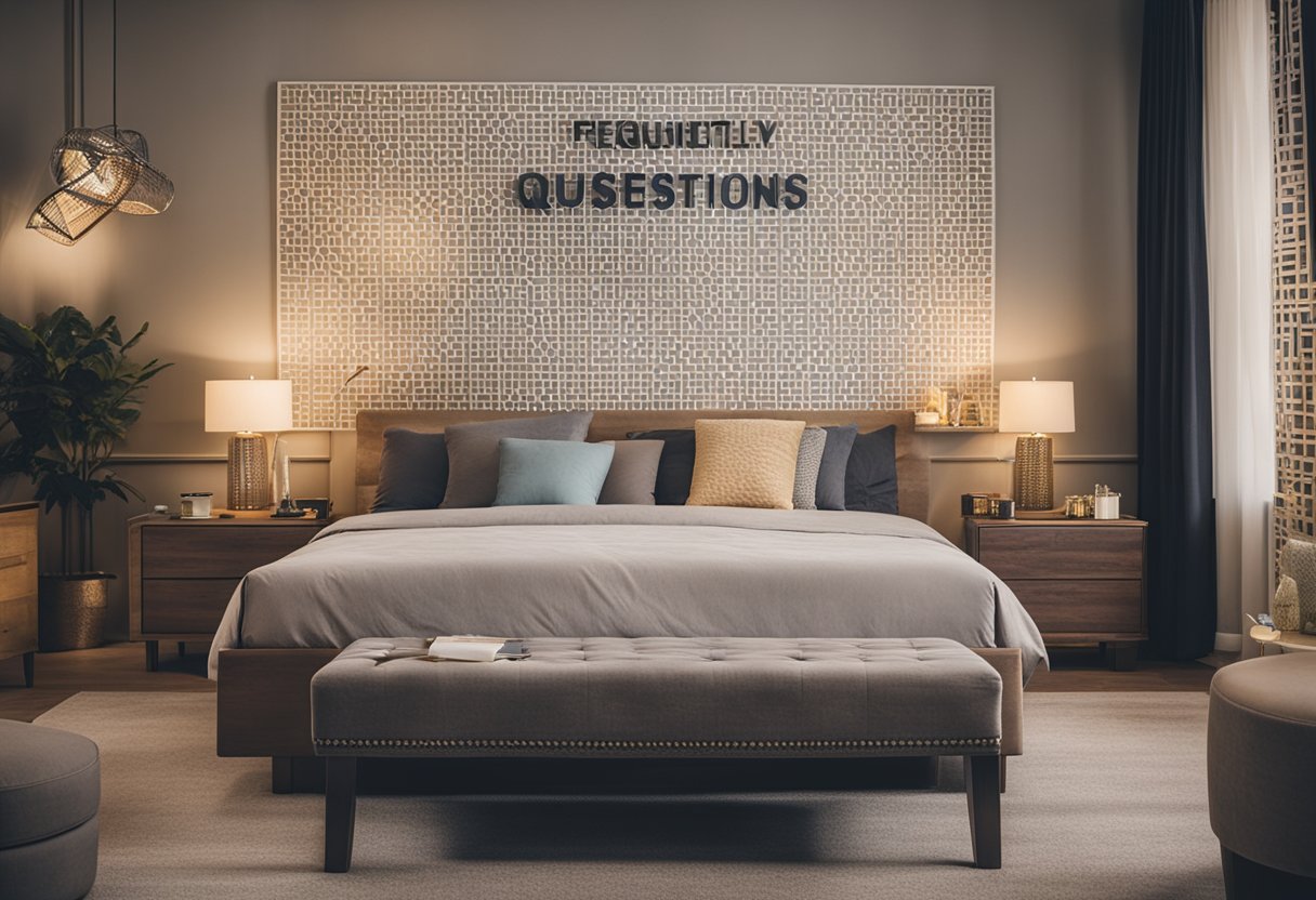 A bedroom with a king-size bed surrounded by various furniture pieces, with a sign reading "Frequently Asked Questions" about the bed