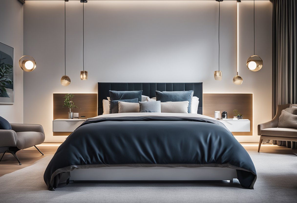 A modern bedroom with sleek furniture, a cozy bed, stylish nightstands, and a minimalist desk with a computer. Bright lighting and clean lines give the room a contemporary feel