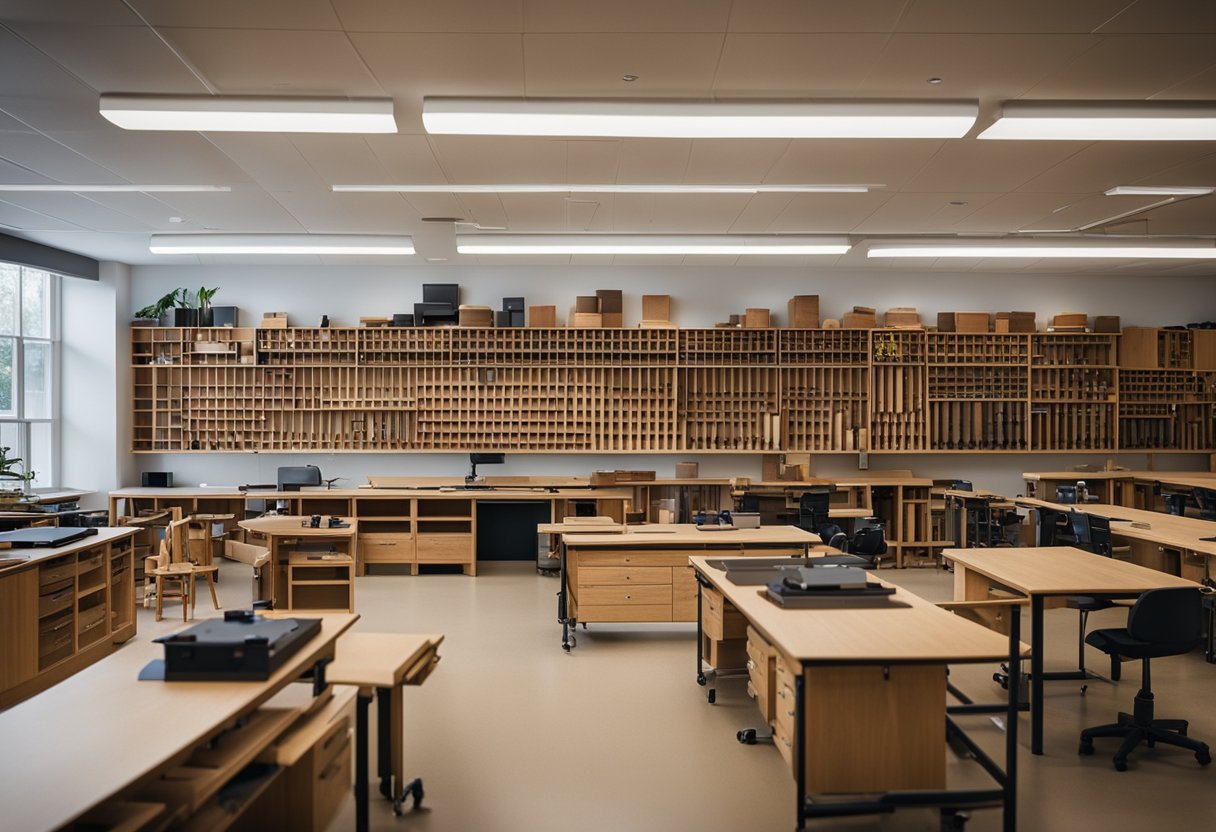 A classroom with drafting tables, ergonomic chairs, and shelves stocked with woodworking tools and materials for the furniture course