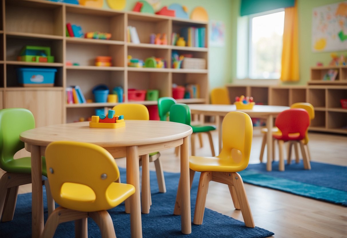 Wooden preschool furniture arranged in a colorful classroom, with small chairs and tables, a bookshelf, and a play area