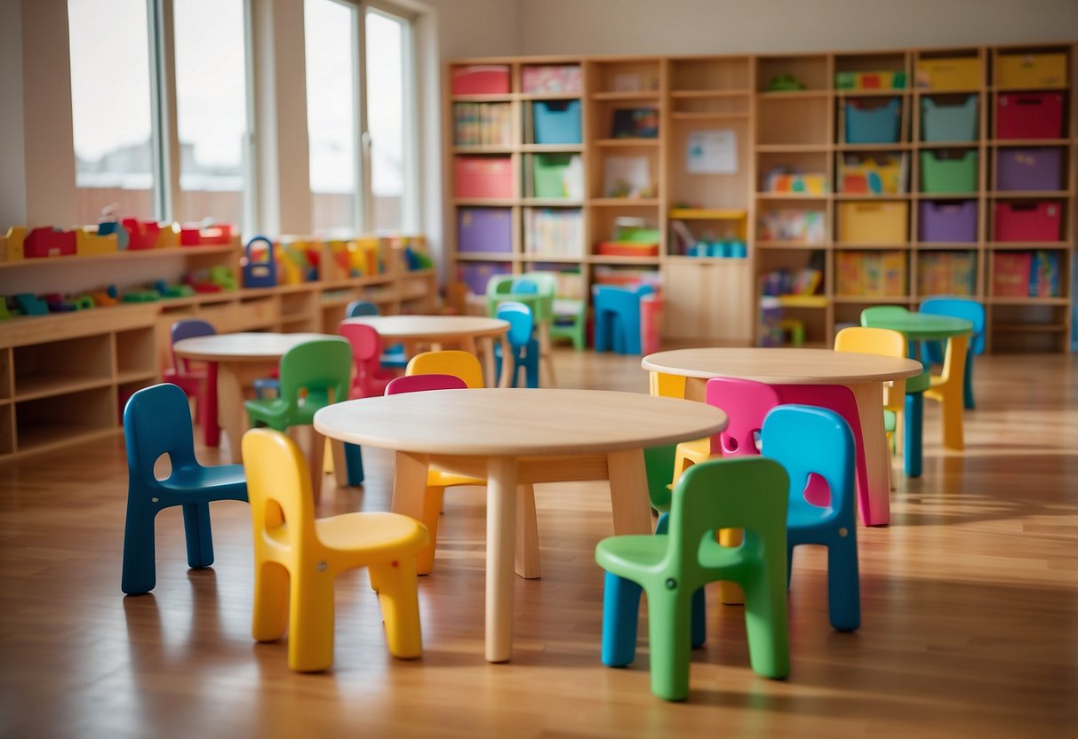 Children play with colorful wooden preschool furniture in a bright, spacious classroom. Small chairs and tables are arranged in a circle for group activities, while shelves display books and toys