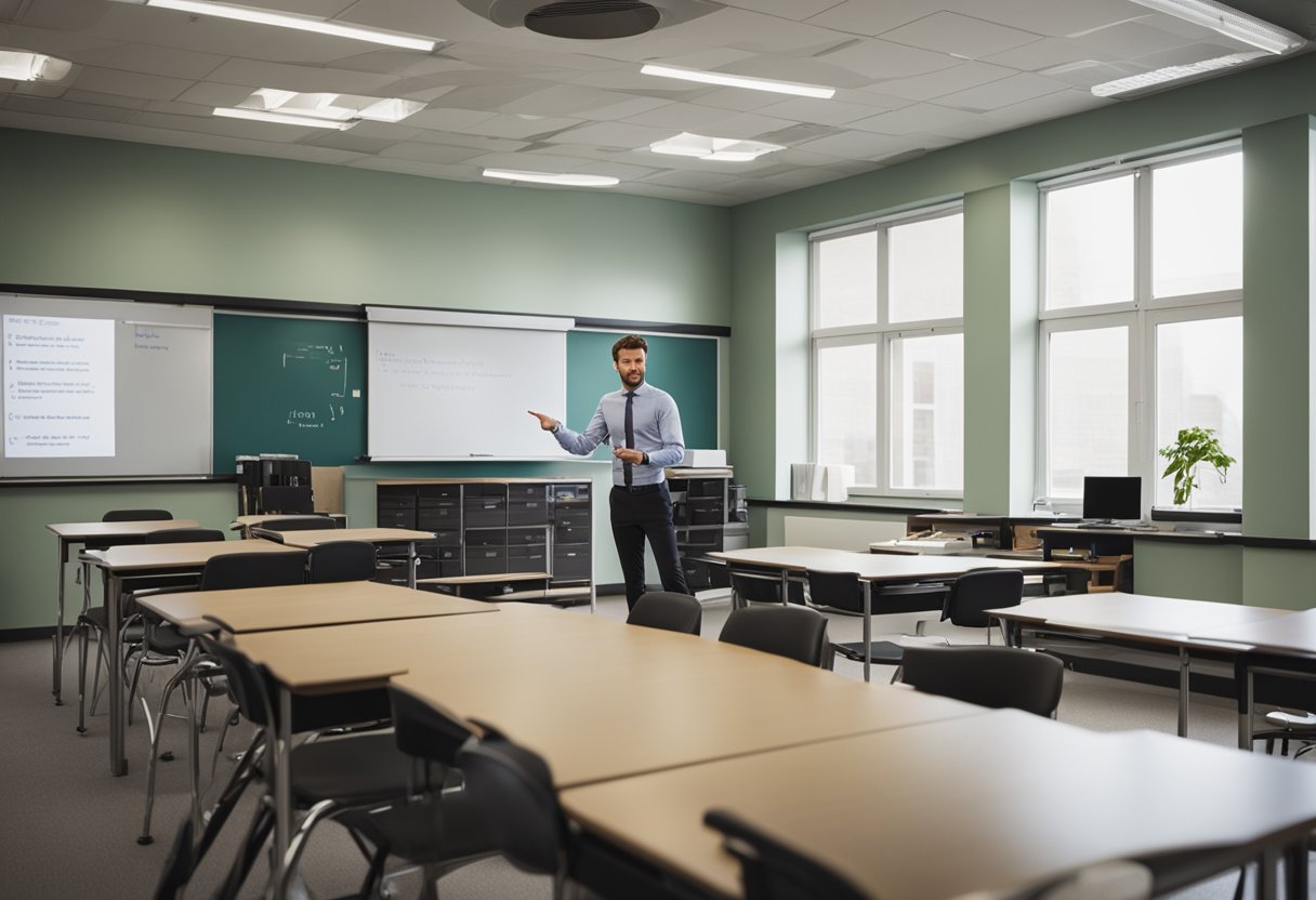 A classroom setting with a whiteboard, desks, and chairs. A teacher stands at the front, pointing to a "Frequently Asked Questions furniture course" sign