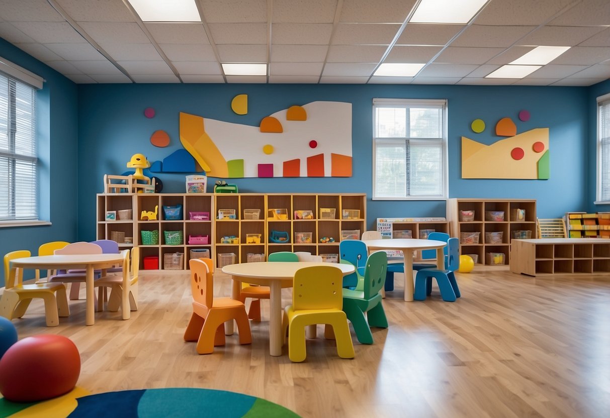 A bright, spacious room with colorful wooden preschool furniture arranged in different learning areas, such as reading nooks, art stations, and play areas