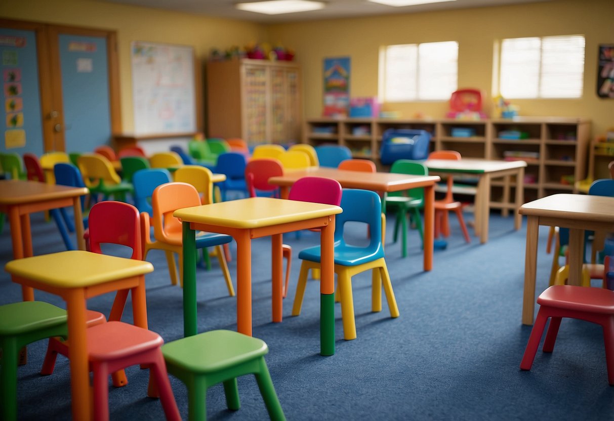 A classroom filled with colorful wooden preschool furniture, including small chairs and tables, with a sign reading "Frequently Asked Questions" displayed prominently