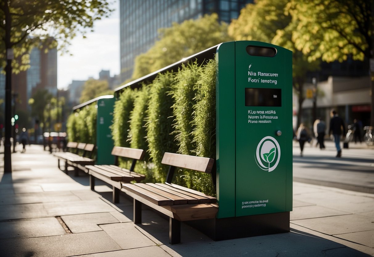 A city street with solar-powered benches, bike racks, and recycling bins. Greenery and public art complement the functional, eco-friendly furniture