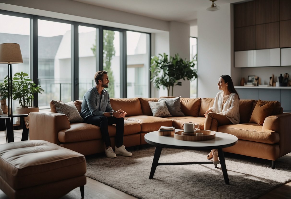 A couple stands in a spacious living room, carefully choosing a large sofa and coffee table to complement the modern decor