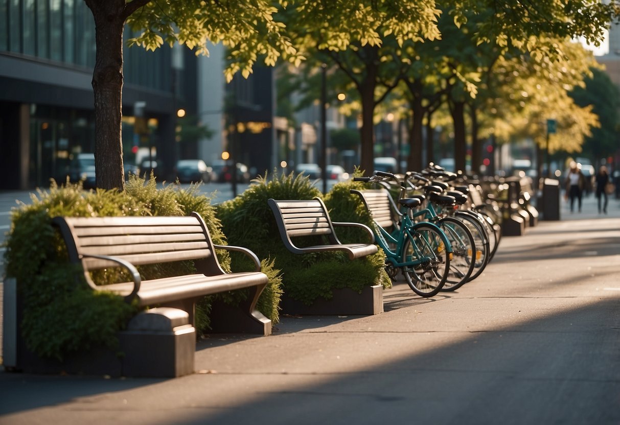 A bustling city street with modern, eco-friendly benches, bike racks, and trash bins made from recycled materials. Lush greenery and solar-powered lighting add to the sustainable atmosphere