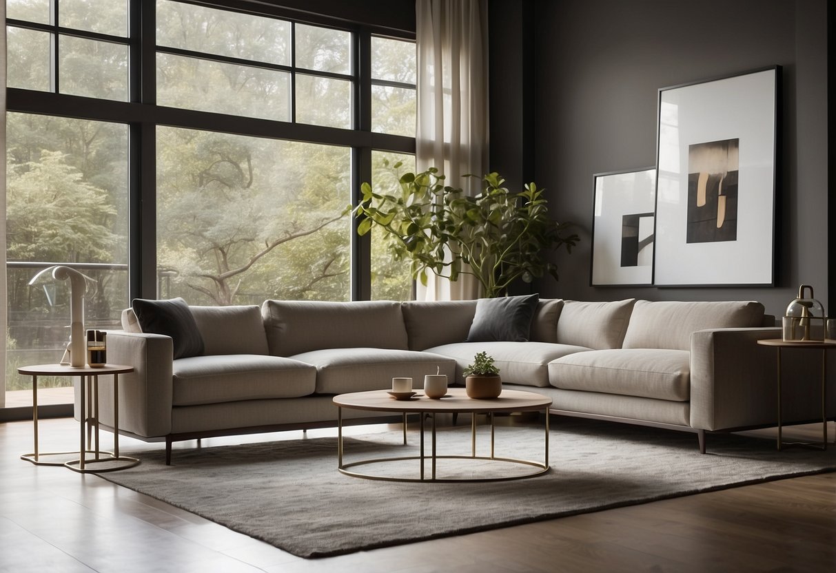 A living room with modern furniture, marked with "11.11 Furniture Deals and Discounts" sign. Bright lighting and clean lines create a welcoming atmosphere