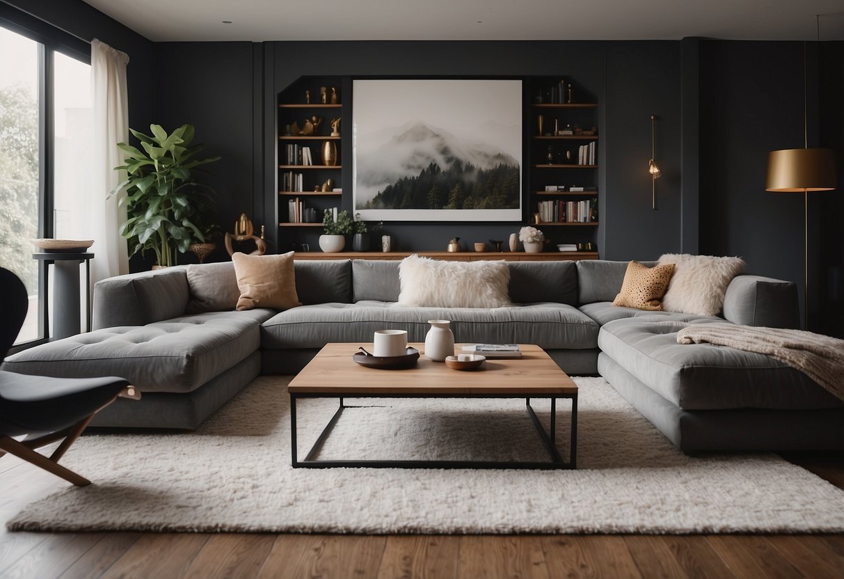 A cozy living room with a plush rug, throw pillows, and a stylish coffee table surrounded by large, comfortable furniture