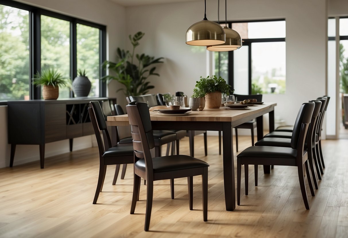 Light wood floors contrast with dark furniture. A dining table, chairs, and a cabinet stand out