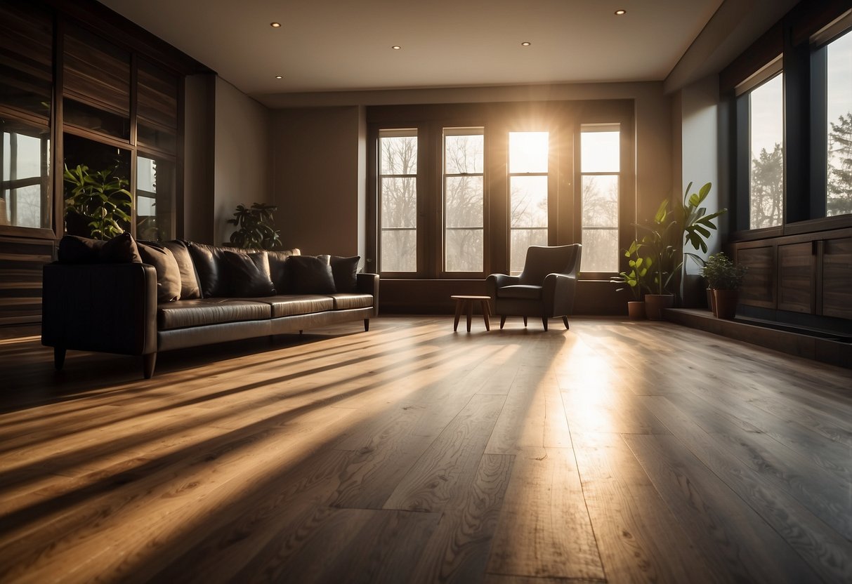 A room with light wood floors and dark furniture. The sunlight streams in through the windows, casting warm, natural light on the rich, dark wood furniture, creating a cozy and inviting atmosphere